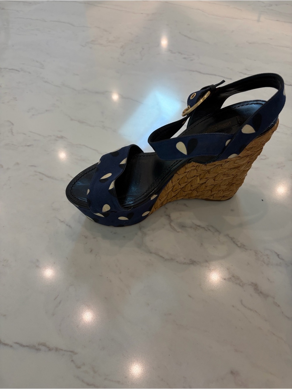 Louis Vuitton Navy Polka Dot Raffia Espadrille Wedge Sandals - Picture 8 of 9